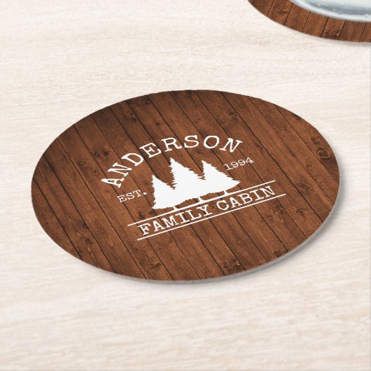 Naam cabine Familie Rustisch Houtbos Ronde Kartonnen Onderzetter (Gebogen)