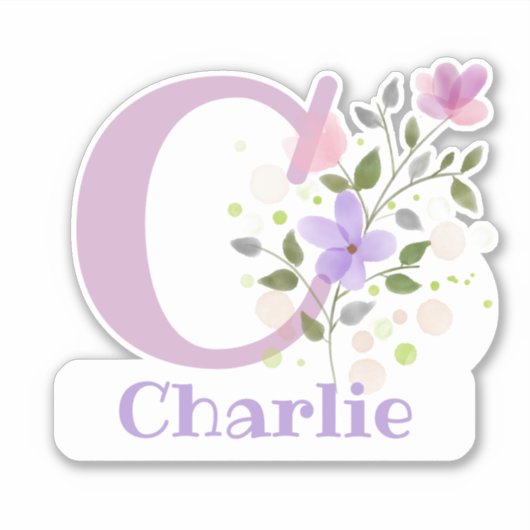 Naam Charlie plus Initiaal met Bloemendesign Sticker (Voorkant)