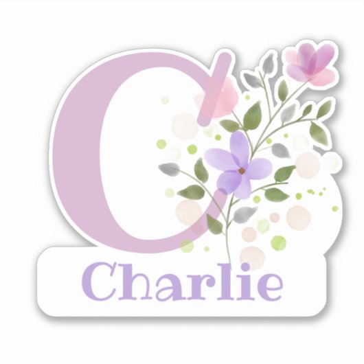 Naam Charlie plus Initiaal met Floral Design Sticker (Voorkant)
