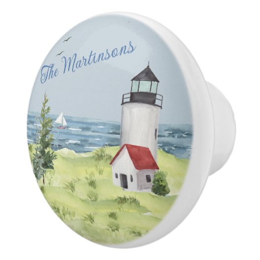 Naam charmant Waterverf vuurtoren kustscène Keramische Knop (Rechts)