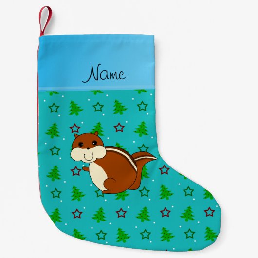 Naam chipmunk turquoise kerstbomen sterren kleine kerstsok (Voorkant)