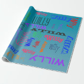 Naam Collage 🎁 Geweldig Word Cloud Fun Fab Blauw Cadeaupapier (Uitgerold)