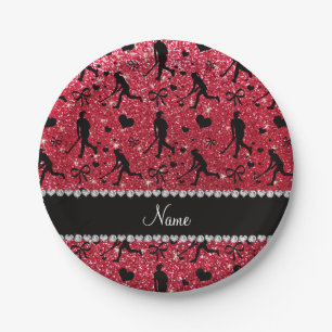 Naam crimson red glitter field hockey hearts bow papieren bordje
