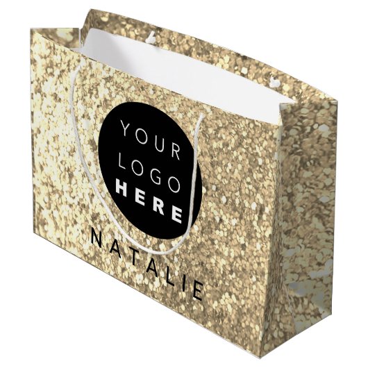 Naam Custom Logo Glitter Champagne Gold Groot Cadeauzakje (Achterkant Gekanteld)