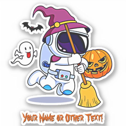 Naam Cute Astronaut Witch Broom Pumpkin Ghost toev Sticker (Voorkant)