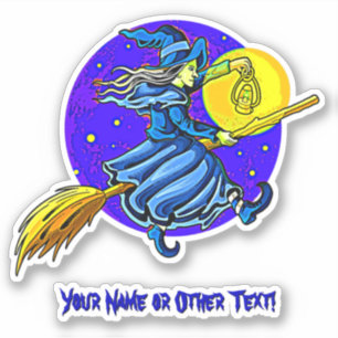 Naam Cute Blue Flying Broomstick Lantern toevoegen Sticker