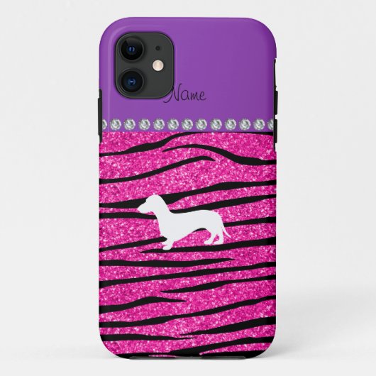 Naam dachshund neon hot roze glitter zebra stripes Case-Mate iPhone case (Achterkant)