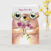 Naam Dag waterverf beer met bouquet Kaart (Gele Bloem)