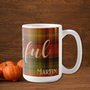 Naam & Dankbaar op Plaid Patroon 15oz Herfst Mok