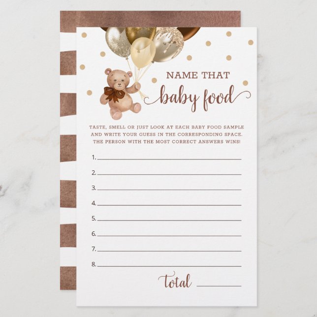 Naam dat Baby Food Game Baby shower Teddy Bear (Voorkant / Achterkant)
