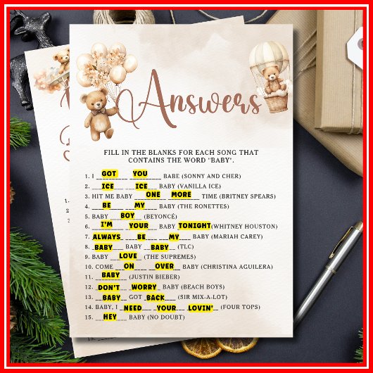 NAAM DAT BABY SONG Baby shower Game Schattige Beer Kaart