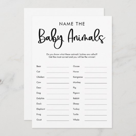 Naam dat babydieren het baby shower wild minimalis kaart (Voorkant / Achterkant)