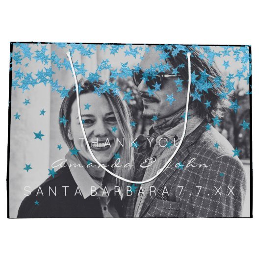 Naam Datum Foto Huwelijksgunst Dank u Blauwe Sterr Large Cadeautasje (Achterkant)