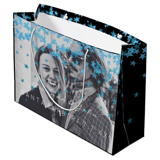 Naam Datum Foto Huwelijksgunst Dank u Blauwe Sterr Large Cadeautasje (Achterkant Gekanteld)