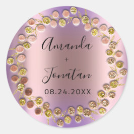 Naam Datum Roos Gold Wreath Wedding Paars Ronde Sticker