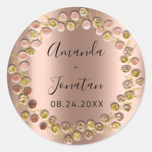 Naam Datum Roze Gouden Krans Trouw Blush Ronde Sticker (Voorkant)