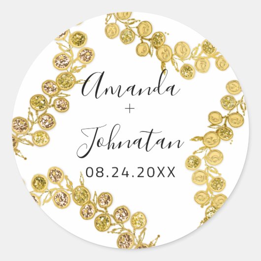 Naam Datum: White Gold Wreath Elegant Ronde Sticker (Voorkant)