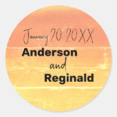 Naam Datum Zomer Rustieke Gele Peach Bruiloft Ronde Sticker (Voorkant)