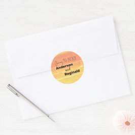 Naam Datum Zomer Rustieke Gele Peach Bruiloft Ronde Sticker