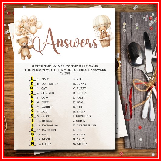 NAAM DE BABY DIEREN Baby shower Spel Schattige Bee Kaart