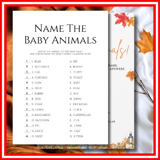 NAAM DE BABY DIEREN Baby shower Spel Schattige Bee Kaart