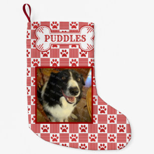 Naam Dog Foto Red Paw Print Gingham Bone Custom Kleine Kerstsok