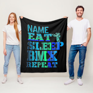 Naam Eat Sleep BMX Herhalen Blauwe Tekstdeelkaart Fleece Deken