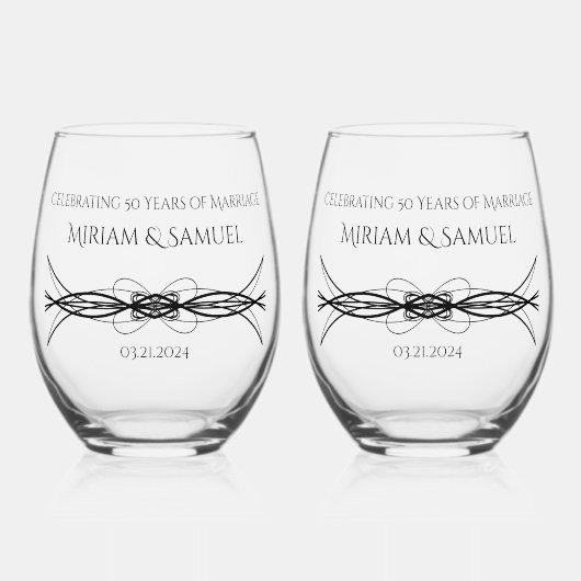 Naam Elegant paar Datum Jubileum Keepsake Wijnglas Zonder Voet (Voorkant)