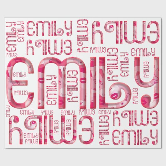 Naam Emily Cute Pink Love Heart Kiss Typografie Cadeaupapier (Vlak)