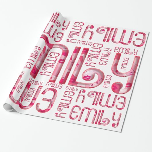Naam Emily Cute Pink Love Heart Kiss Typografie Cadeaupapier (Uitgerold)