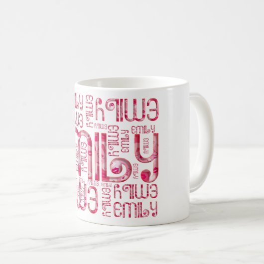Naam Emily Cute Pink Love Heart Typography Mok (Voorkant rechts)
