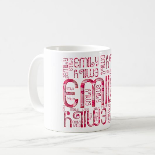 Naam Emily Cute Pink Love Heart Typography Mok (Voorkant links)