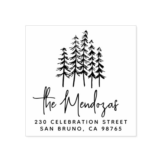 Naam en adres van tekenreeks & Pine Trees retourad Rubberstempel (Afrduk)