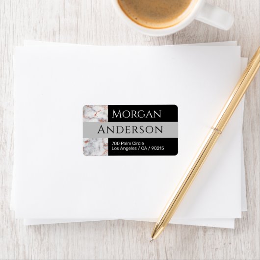 Naam en adres, witte en Roos goudmarmer, Lt Grey Etiket (Insitu)