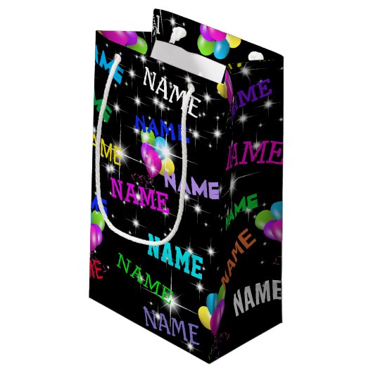 Naam en ballon van de verjaardag in sterren klein cadeauzakje (Achterkant Gekanteld)