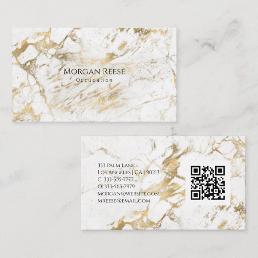 Naam en beroep, QR-code, witte & goudmarmer Visitekaartje (Voorkant / Achterkant)