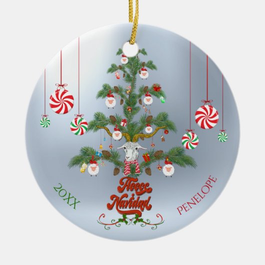Naam en datum toevoegen Vluchten Navidad Sheep Ker Keramisch Ornament (Voorkant)