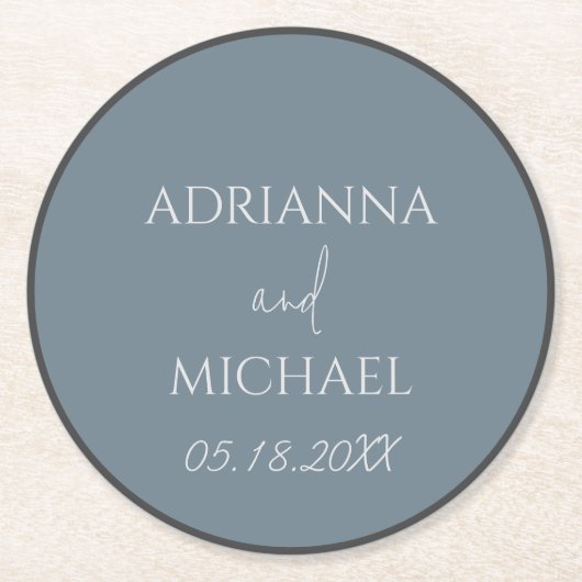 Naam en datum van het bruidspaar ronde kartonnen onderzetter (Voorkant)