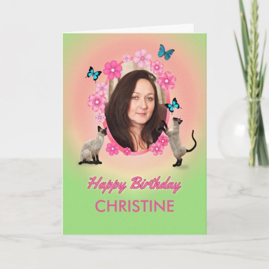 Naam en fotokaart met katten en vlinders; kaart (Voorkant)