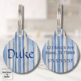 Naam en gestreept patroon in blauw en beige huisdierpenning