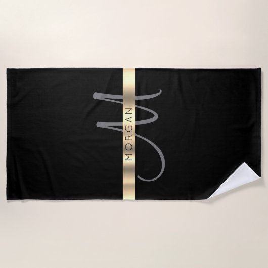 Naam en groot monogram, donkergrijs zwart goud strandlaken (Voorkant)
