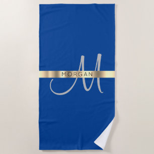 Naam en groot monogram, grijs diep blauw en goud strandlaken