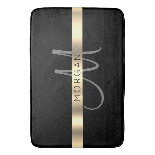 Naam en groot monogram, grijs zwart goud badmat (Voorkant Verticaal)