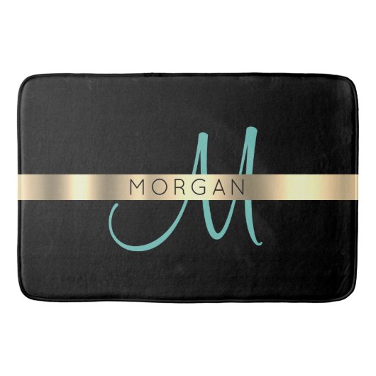 Naam en groot monogram, licht Blauwgroen zwart gou Badmat (Voorkant)