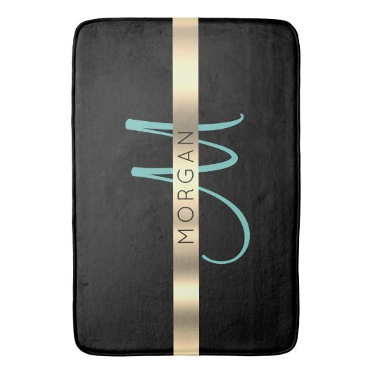 Naam en groot monogram, licht Blauwgroen zwart gou Badmat (Voorkant Verticaal)