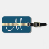 Naam en groot monogram, wit Ocean Blue Gold Grey Bagagelabel (Voorkant horizontaal)
