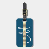 Naam en groot monogram, wit Ocean Blue Gold Grey Bagagelabel (Voorkant verticaal)