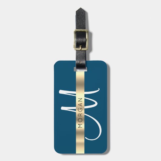 Naam en groot monogram, wit Ocean Blue Gold Grey Bagagelabel (Voorkant verticaal)