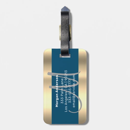 Naam en groot monogram, wit Ocean Blue Gold Grey Bagagelabel (Achterkant verticaal)