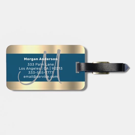 Naam en groot monogram, wit Ocean Blue Gold Grey Bagagelabel (Achterkant horizontaal)